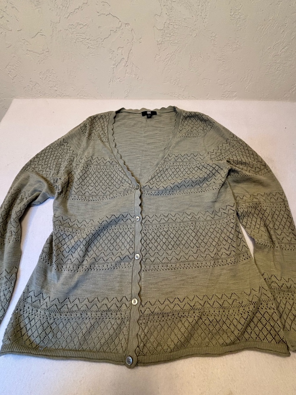 Frye Sage Green Pointelle Cardigan Sweater Large Scalloped Button Front